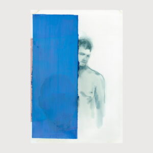 man naked behind a blue wall, watercolor by dylan silva