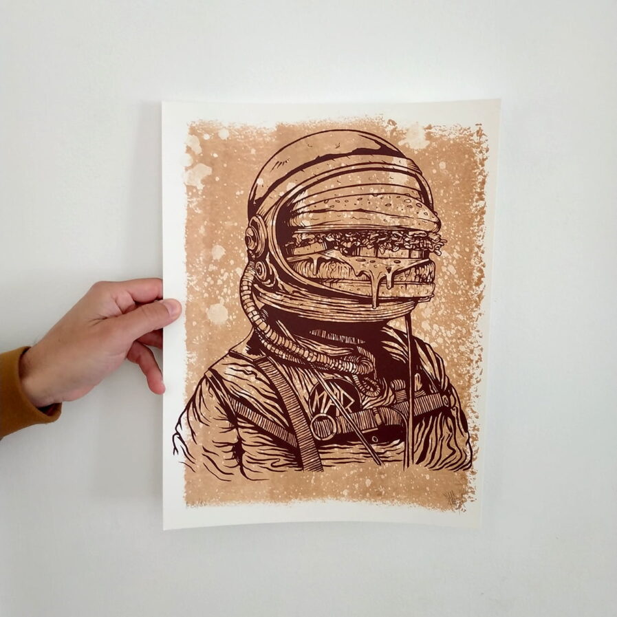 illustrion of a astronaut with a burger face