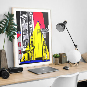 office table with picture of buildings