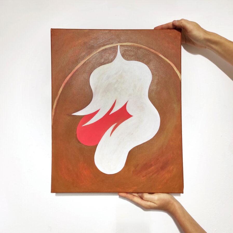 Brown and red painting of a cocoon opening by Amargo