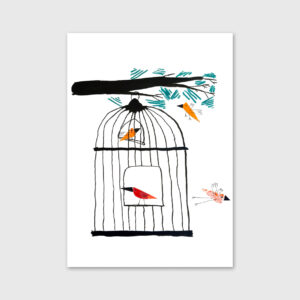 Ilustração de pássaros e uma gaiola aberta por Vitor Hugo Matos