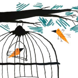 Ilustração de pássaros e uma gaiola aberta por Vitor Hugo Matos