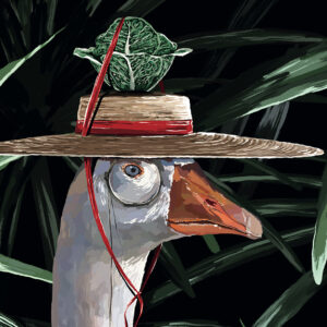 Ilustração de um ganso com uma couve na cabeça por Marita