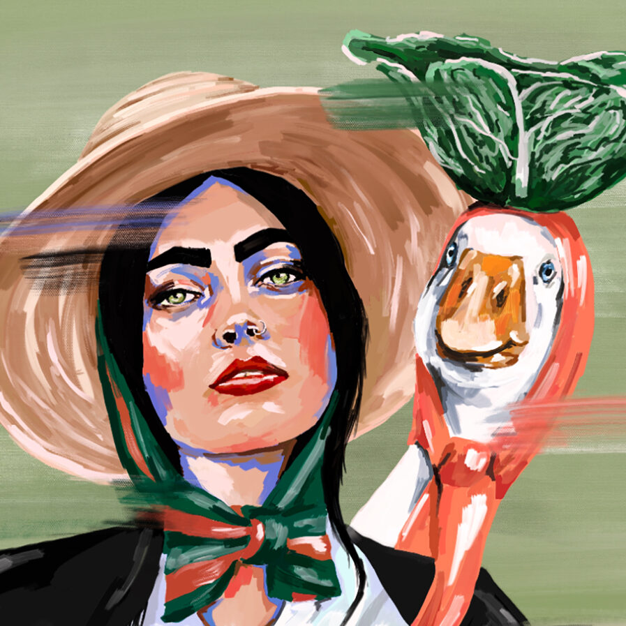 Woman and goose with cabbage on the head illustration by Marita