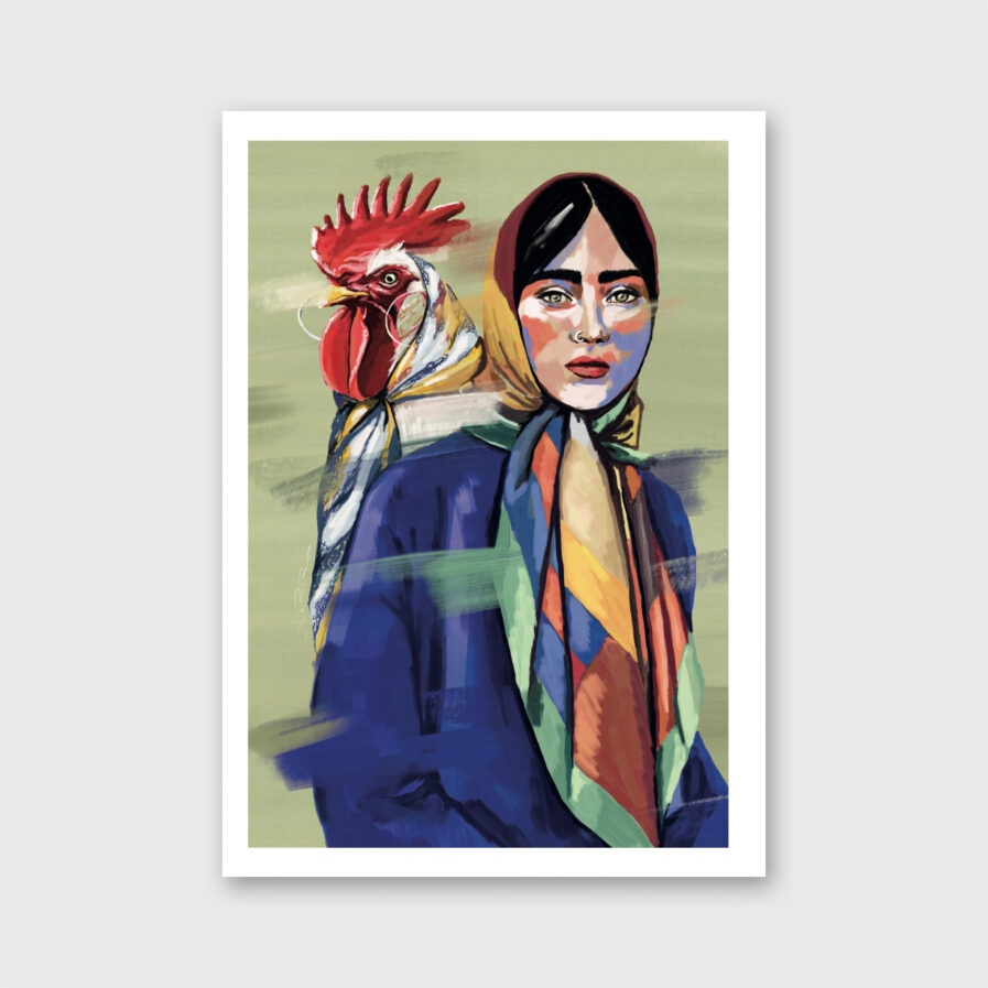 Ilustração de uma mulher e um galo por Marita