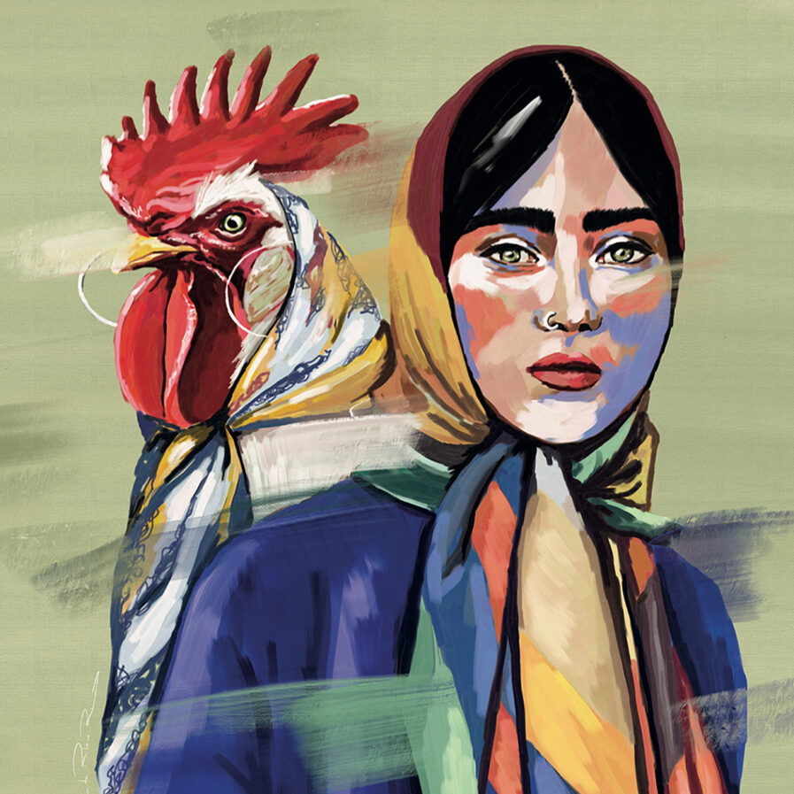 Ilustração de uma mulher e um galo por Marita