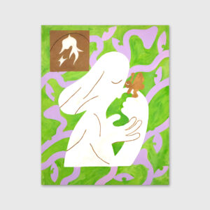 Pintura verde e roxa de uma menina a beijar uma borboleta por Amargo