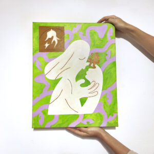 Green and purple painting of a girl kissing a butterfly by Amargo