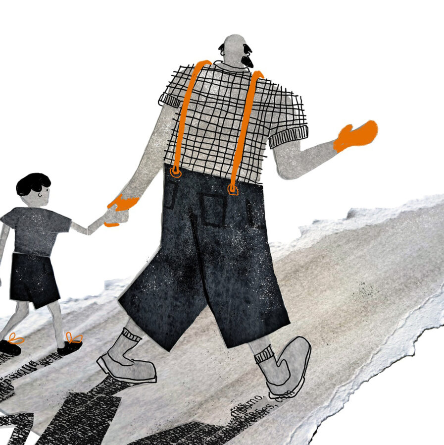 Ilustração de avô e neto a passear por Vitor Hugo Matos