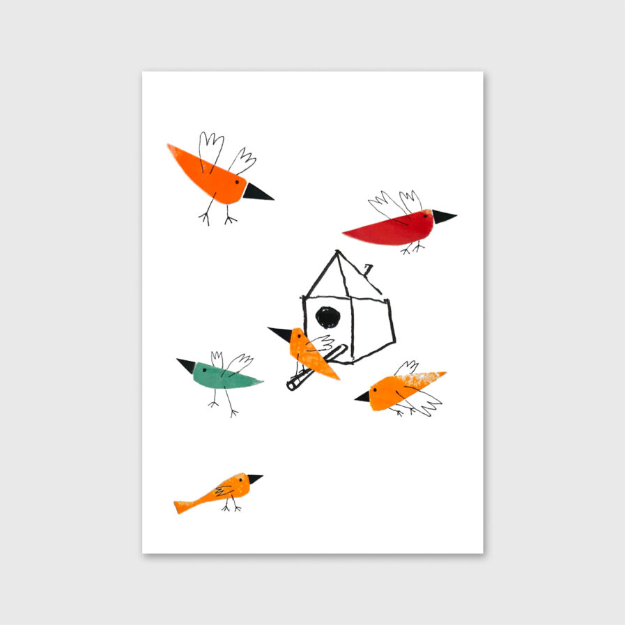 Birds outside of a birdhouse illustration by Vitor Hugo Matos