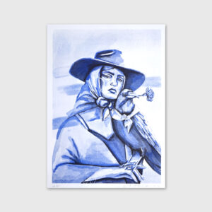 Risografia de uma ilustração de uma jovem mulher e um corvo por Marita