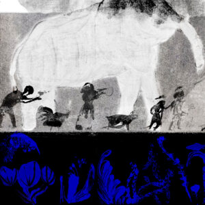 Pormenor de ilustração de um elefante e formigas por Eva Evita