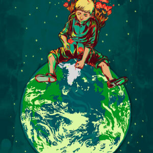 kid above the planet earth illustration of Nicolae Negura at Apaixonarte gallery