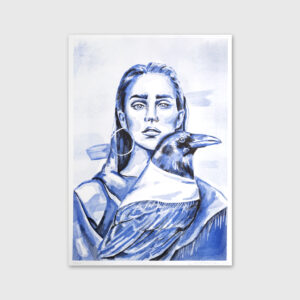 Riso print of a young woman and a raven illustration by Marita
