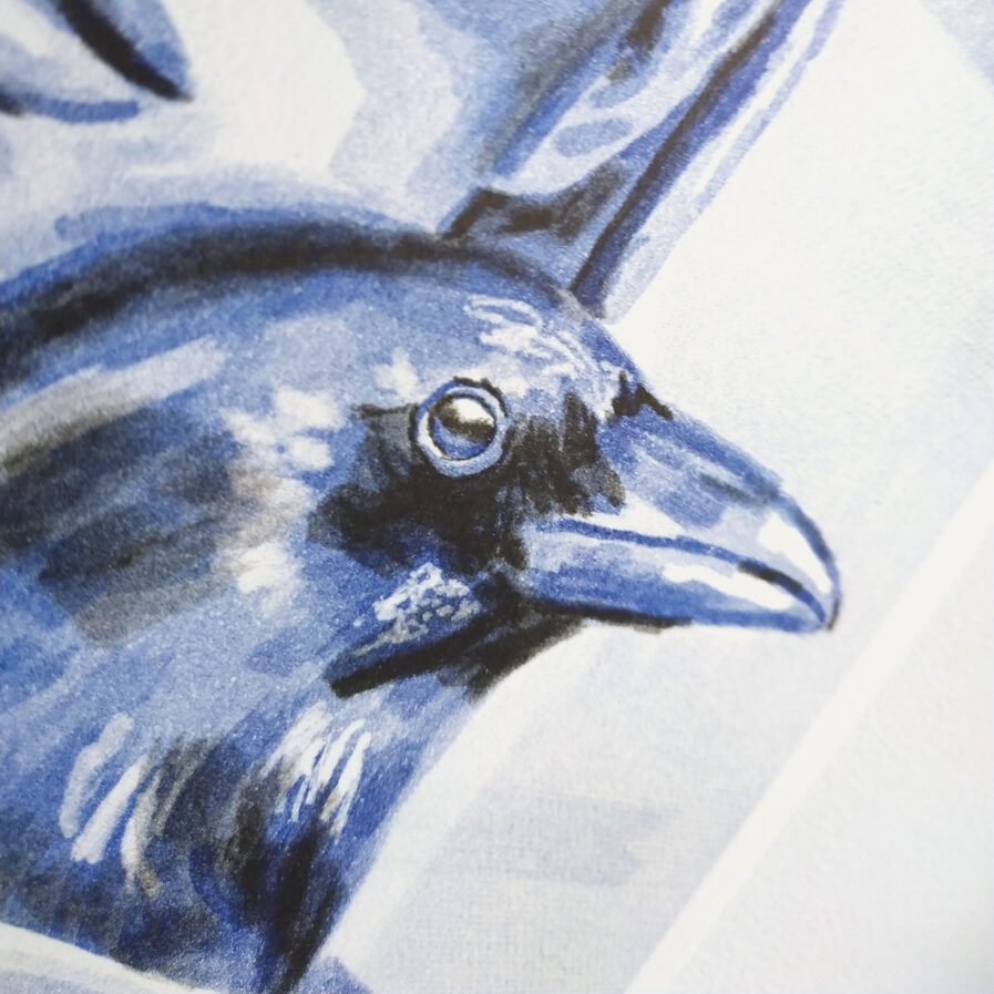 Pormenor de ilustração de uma jovem e um corvo por marita