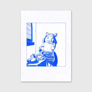 Ilustração que recria "A Leiteira" com um hamster por Sara Felgueiras.