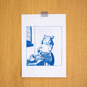 Ilustração que recria "A Leiteira" com um hamster por Sara Felgueiras.