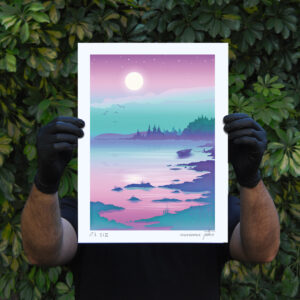 Someone holding a lilac and green landscape illustration print by mariana PTKS.