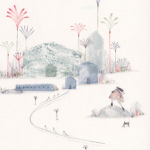 Illustration portraying a village and a woman by Constança Duarte.