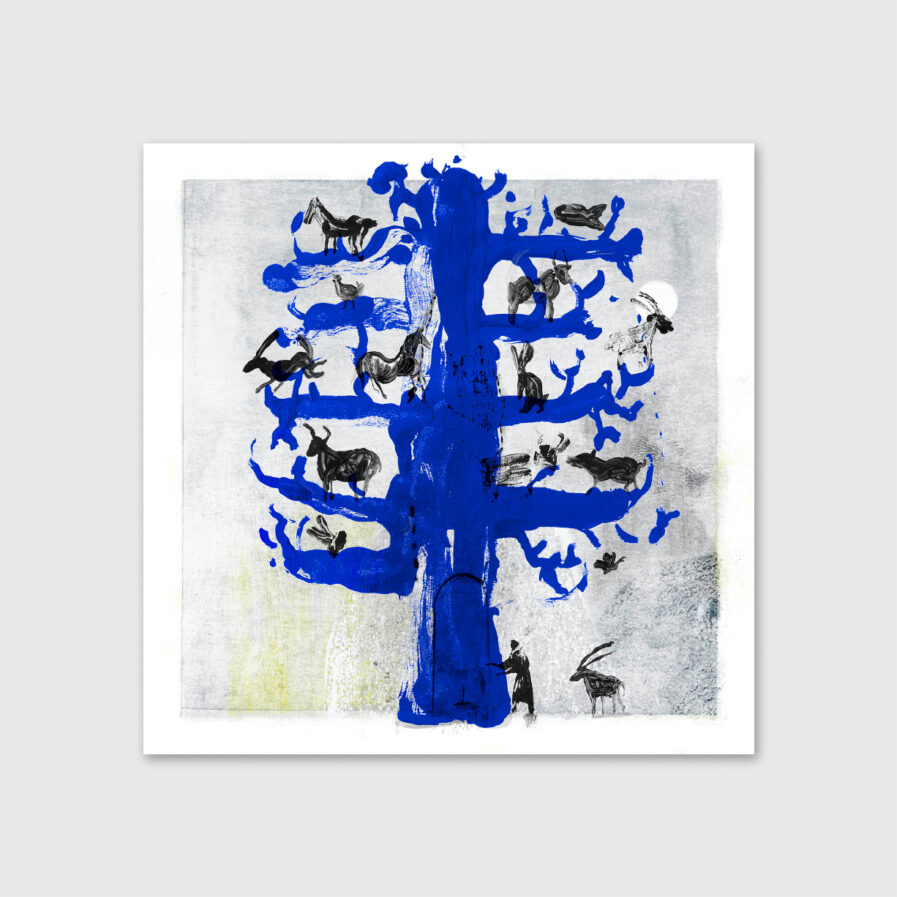 Ilustração de uma árvore azul com animais por Eva Evita