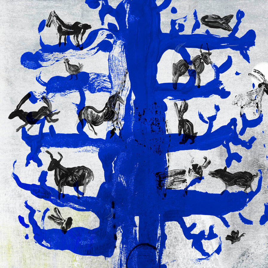 Detail of llustration portraying a blue tree with animals by Eva Evita