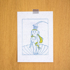 Ilustração que recria "O Nascimento da Vénus"  com um gato por Sara Felgueiras.