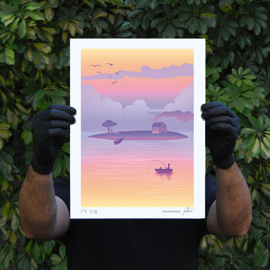 Someone holding a purple and yellow landscape illustration print by mariana PTKS.
